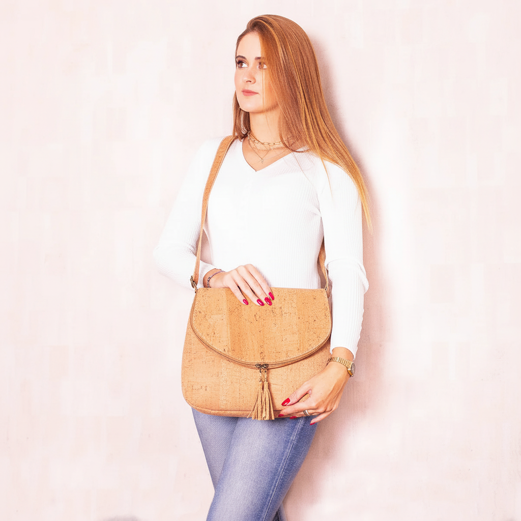 Cork crossbody bag lifestyle shot with natural cork