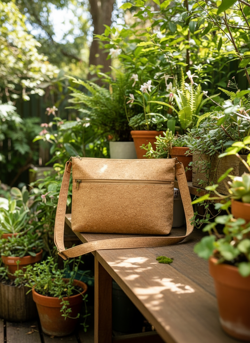Cork crossbody bag with nature background