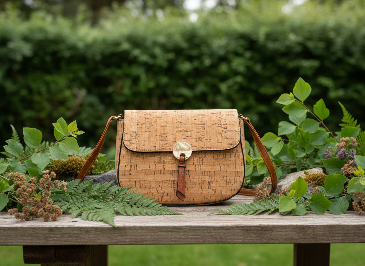 Natural cork crossbody bag front view with gold button detail and adjustable strap