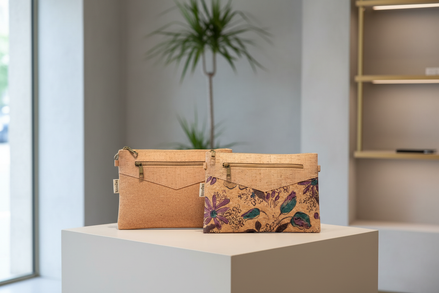 Cork crossbody bags in boutique setting