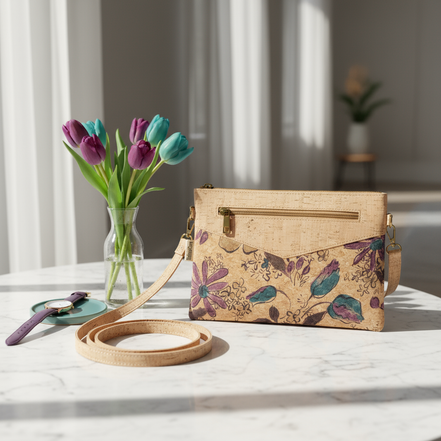 Purple floral cork crossbody and clutch with zipper pocket, vegan sustainable bag