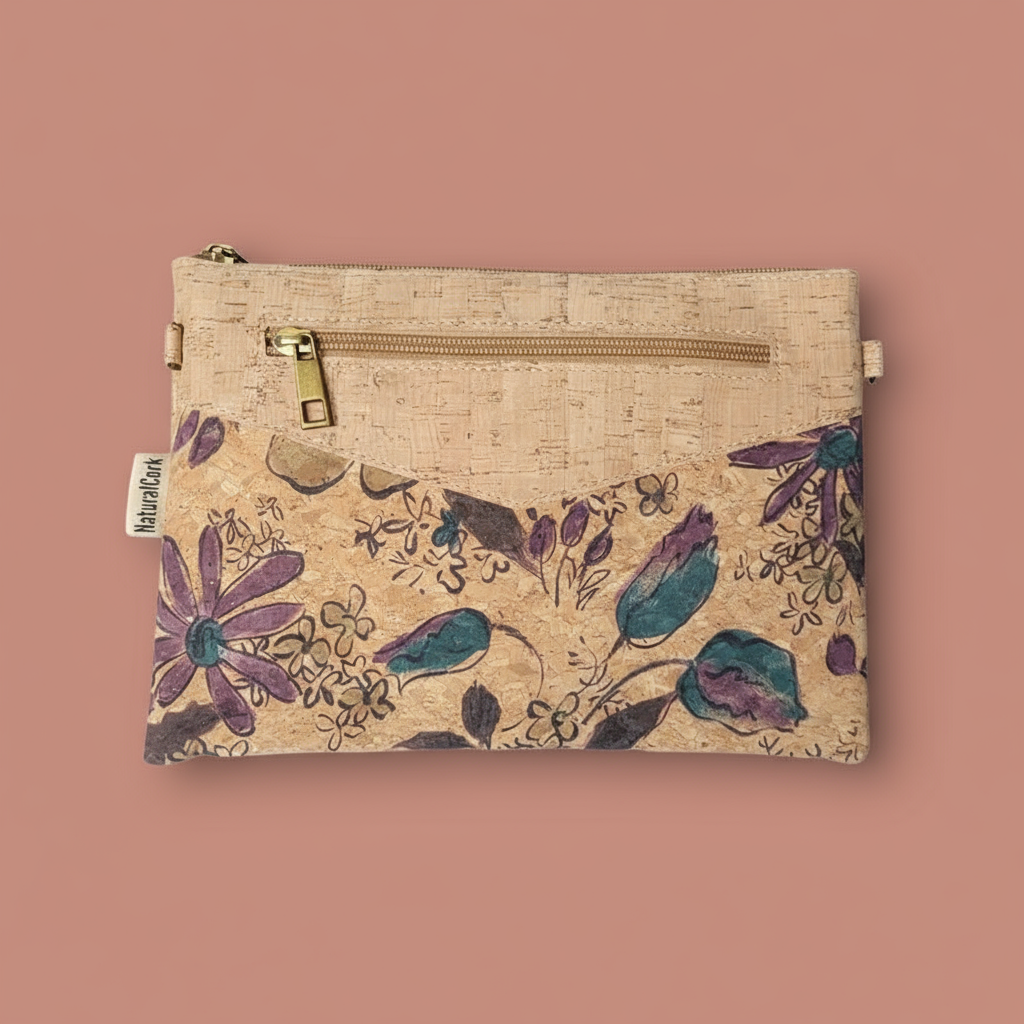 Purple floral cork crossbody and clutch with zipper pocket, vegan sustainable bag