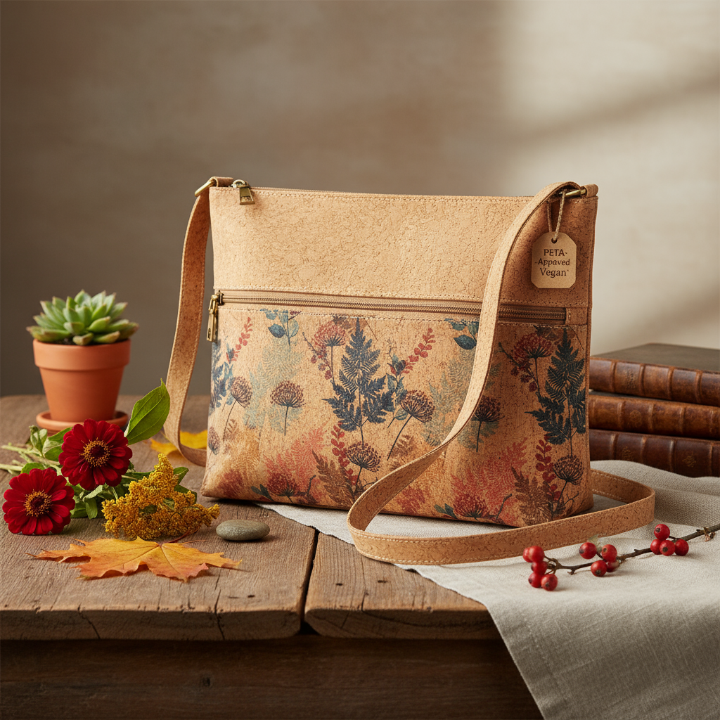 Sustainable floral cork shoulder bag ‚Äî Autumn Meadow Floral pattern