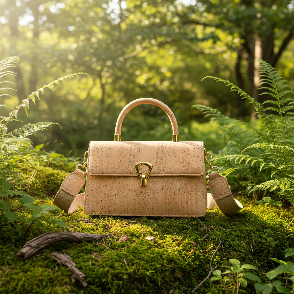 Natural cork top-handle handbag with gold clasp front view