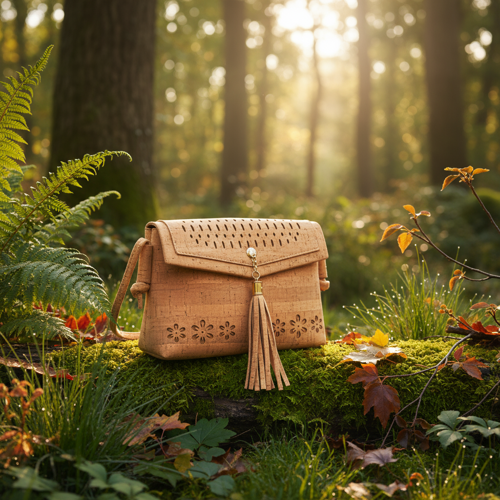 Front view of vegan cork crossbody bag with laser-cut flowers and tassel