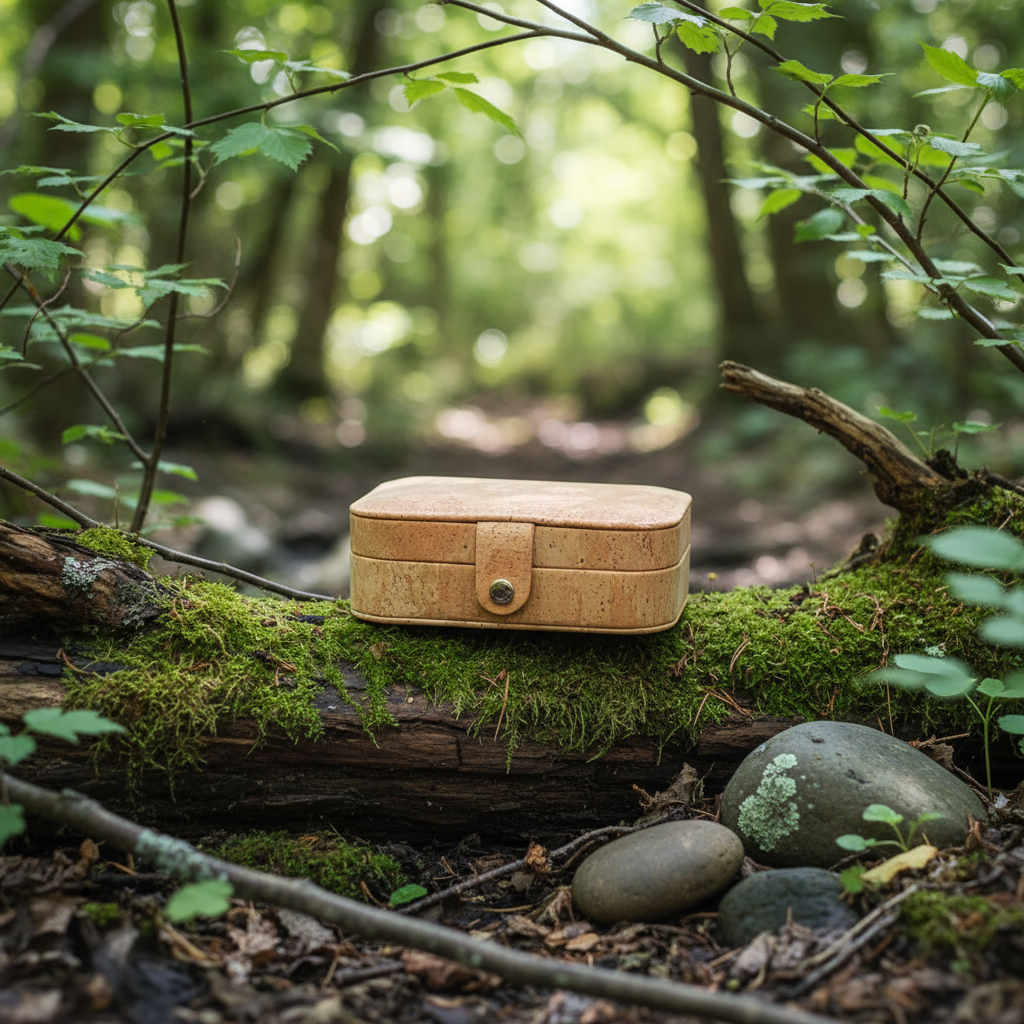 Natural cork rectangular travel jewelry box closed ‚Äì sustainable storage case