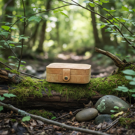 Natural cork rectangular travel jewelry box closed ‚Äì sustainable storage case