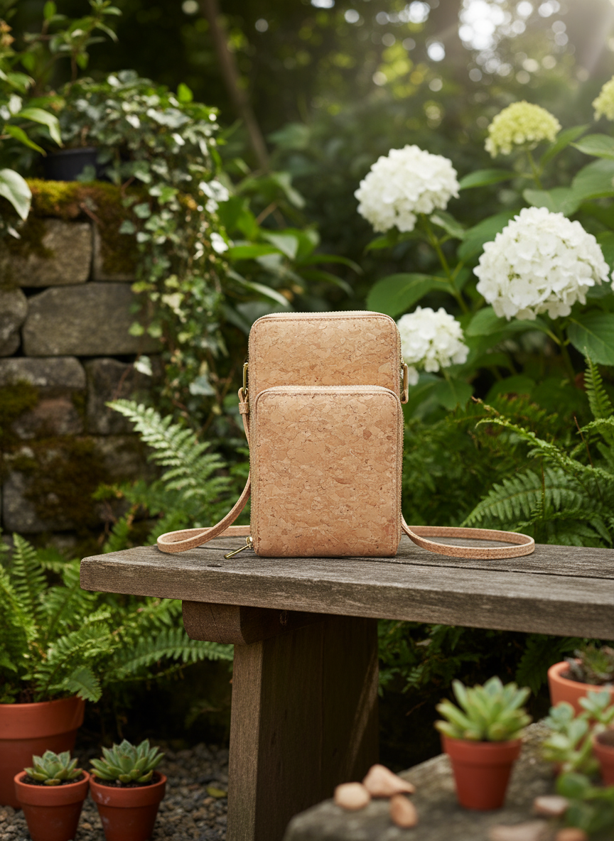 Natural cork crossbody phone bag with triple zipper design front view
