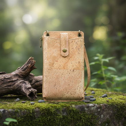 Front view ‚Äì natural cork women‚Äôs phone pouch with snap closure and crossbody strap