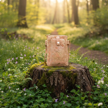 Natural cork phone pouch with gold accents and magnetic closure front pocket