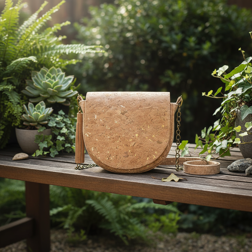 Natural cork crossbody bag with gold flake finish, front view with tassel and detachable strap.