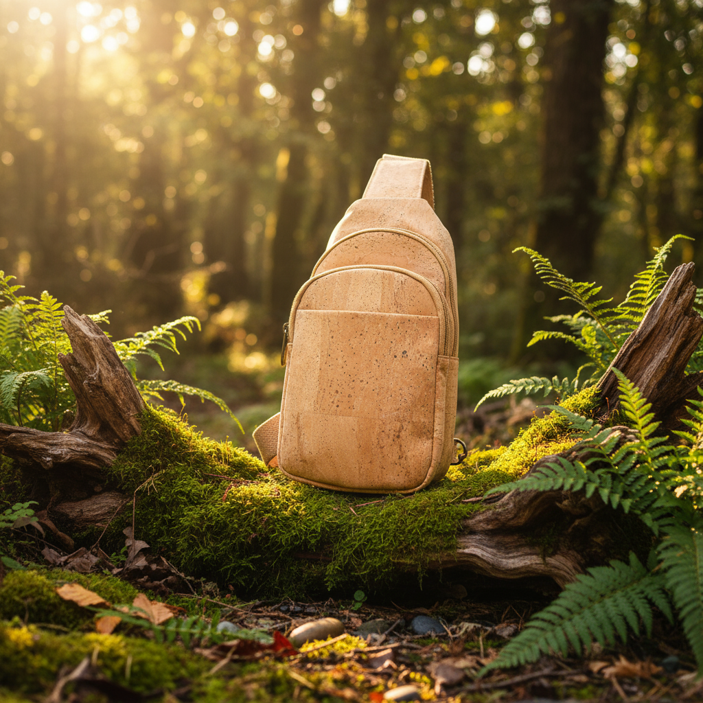 Natural cork men‚Äôs sling bag front view showing three-pocket design