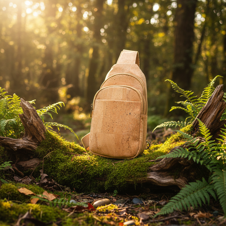 Natural cork men‚Äôs sling bag front view showing three-pocket design