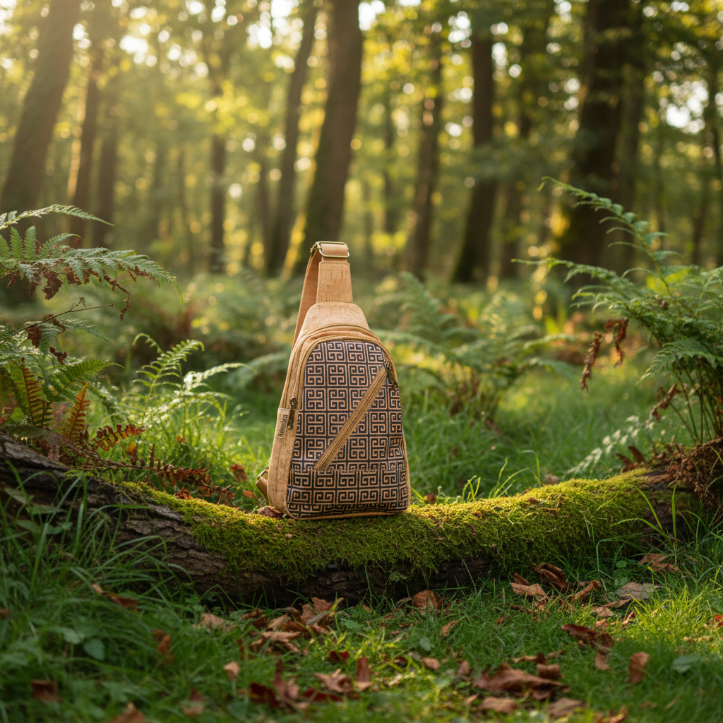 Front view of cork chest sling bag with navy Greek key pattern and slanted zipper pocket.