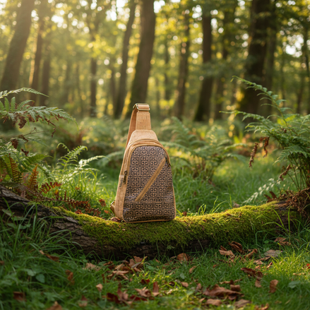 Front view of cork chest sling bag with navy Greek key pattern and slanted zipper pocket.
