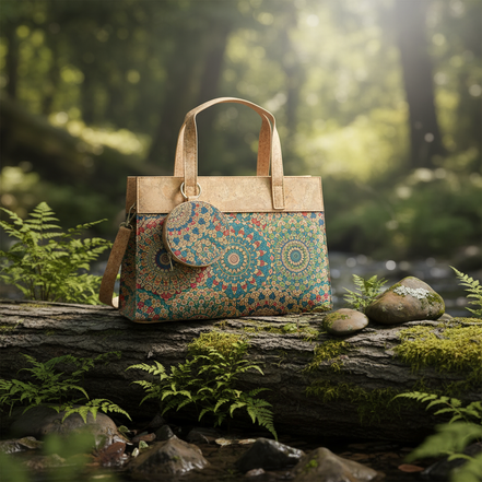 Mandala print cork handbag with coin purse, front view, PETA-approved vegan material