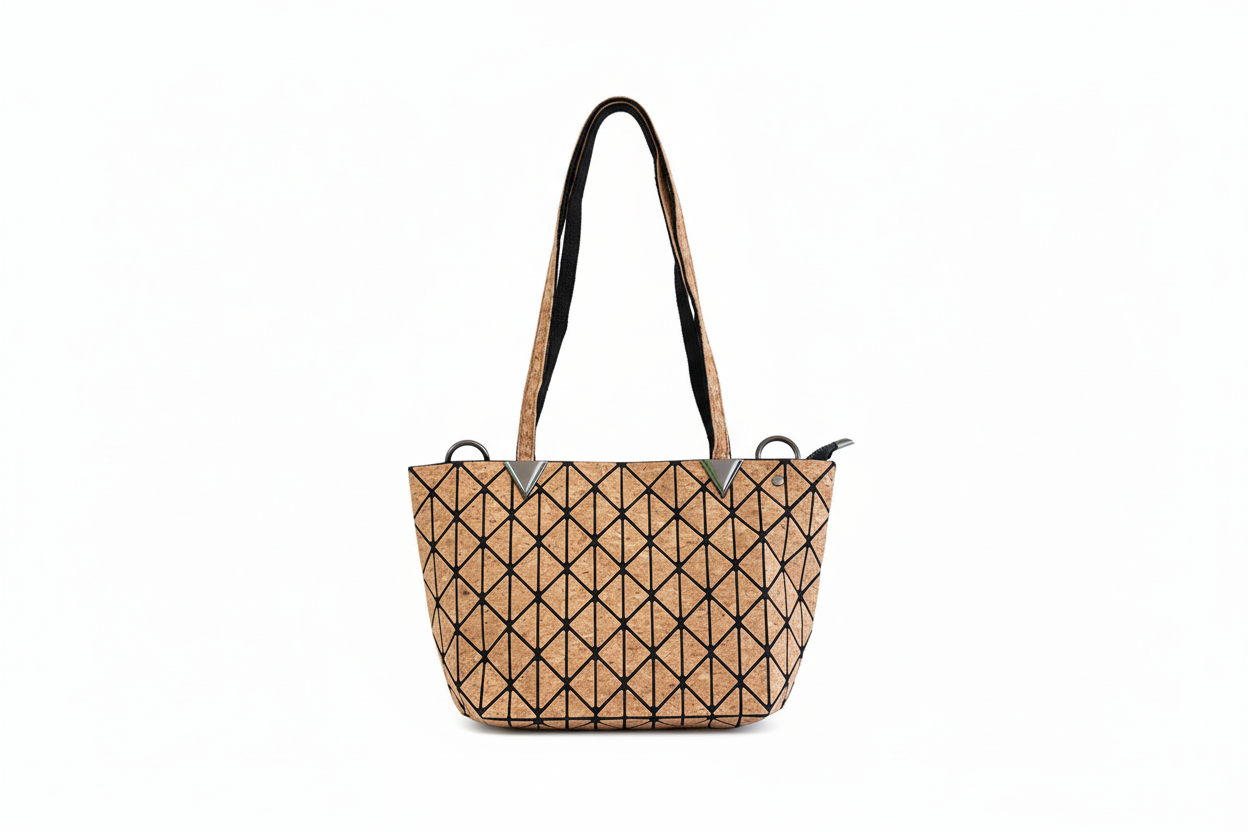 Stylish geometric design tote or shoulder bag with natural cork texture and large interior compartment for wallet, tablet, notebooks & more.