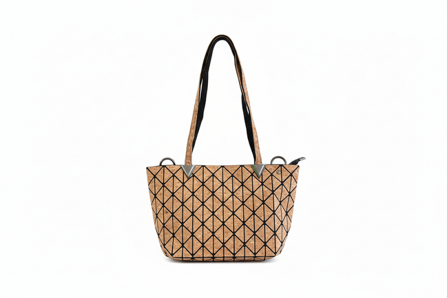 Stylish geometric design tote or shoulder bag with natural cork texture and large interior compartment for wallet, tablet, notebooks &amp; more.