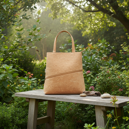 Plain natural cork tote bag front view with angled zipper pocket