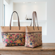 Cork tote bags in boutique setting