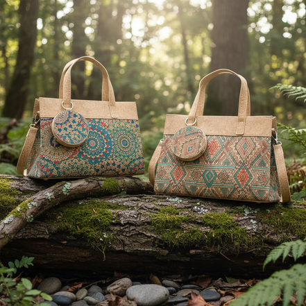 Mandala or Western print cork handbag with coin purse, front view, PETA-approved vegan materia