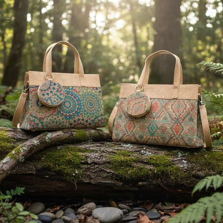 Mandala or Western print cork handbag with coin purse, front view, PETA-approved vegan materia