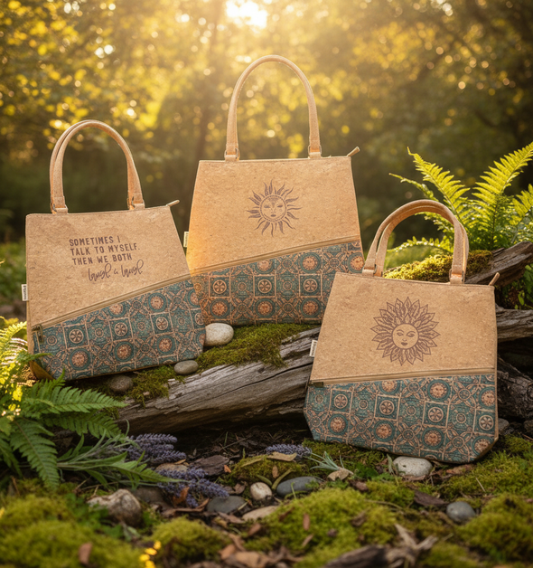 Cork Tote Bags with Celestial Sun Design in Nature Setting