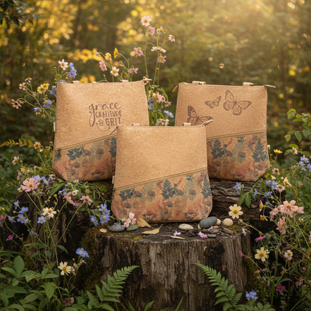 Cork Tote Bags with Wildflower Pattern in Nature Setting