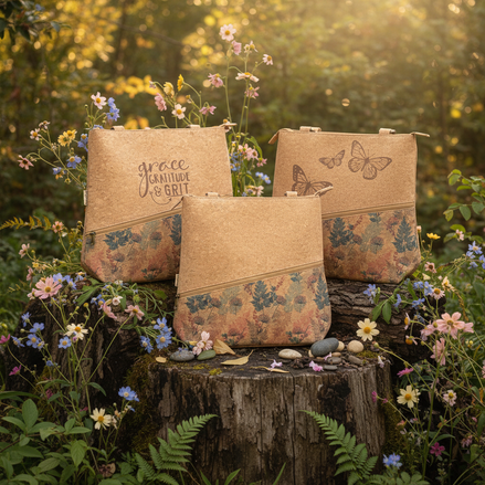 Cork Tote Bags with Wildflower Pattern in Nature Setting