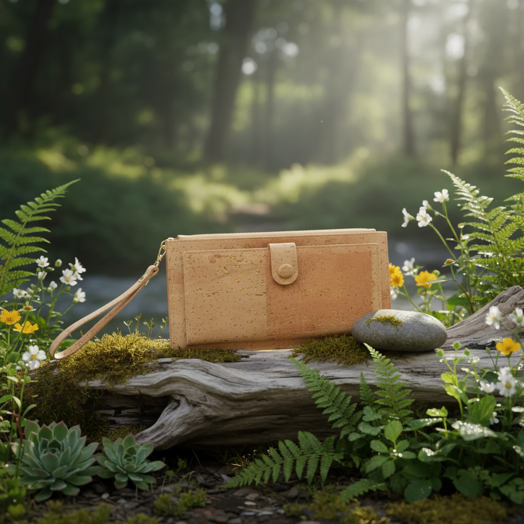 Natural cork phone wallet wristlet with strap shown closed