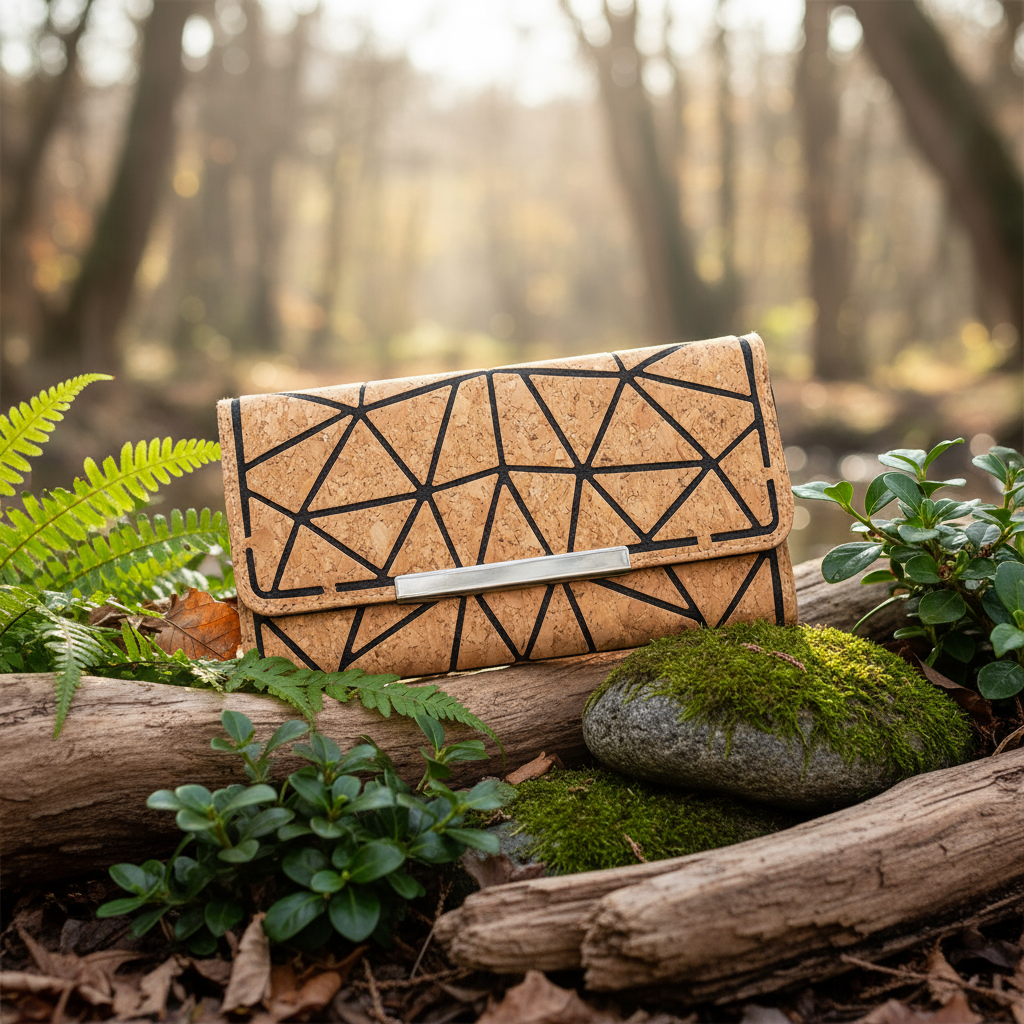Trifold geometric vegan cork wallet with black pattern and metal accent