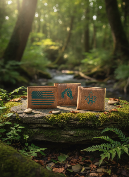 Cork Wallets with Teal Designs in Nature Scene