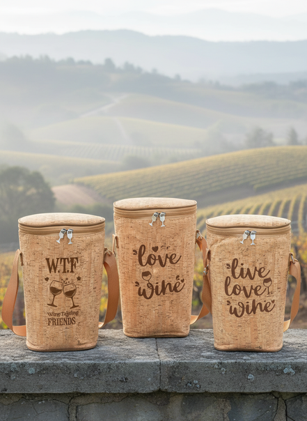 Cork wine carriers in cool neutral vineyard