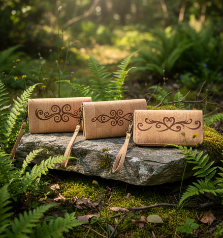 Cork Wristlet Wallets with Scroll Designs in Nature Scene