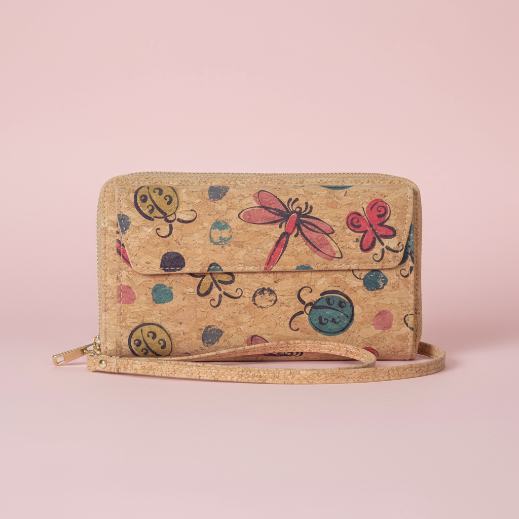 Cork phone wallet with butterfly and dragonfly print, front view