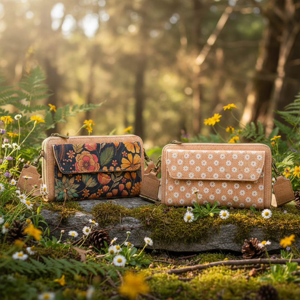 Floral and daisy cork crossbody bags in nature scene