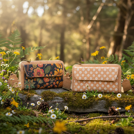 Floral and daisy cork crossbody bags in nature scene