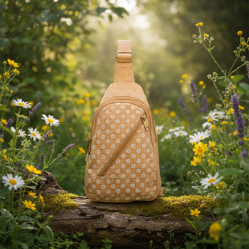Natural cork sling bag with white daisy print and diagonal zip pocket