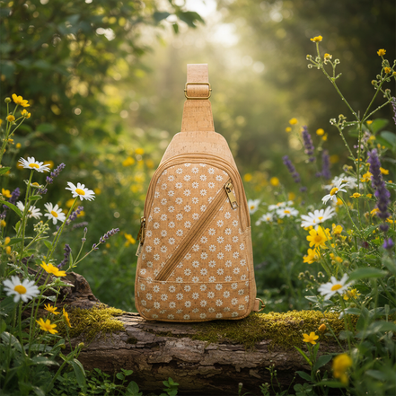 Natural cork sling bag with white daisy print and diagonal zip pocket