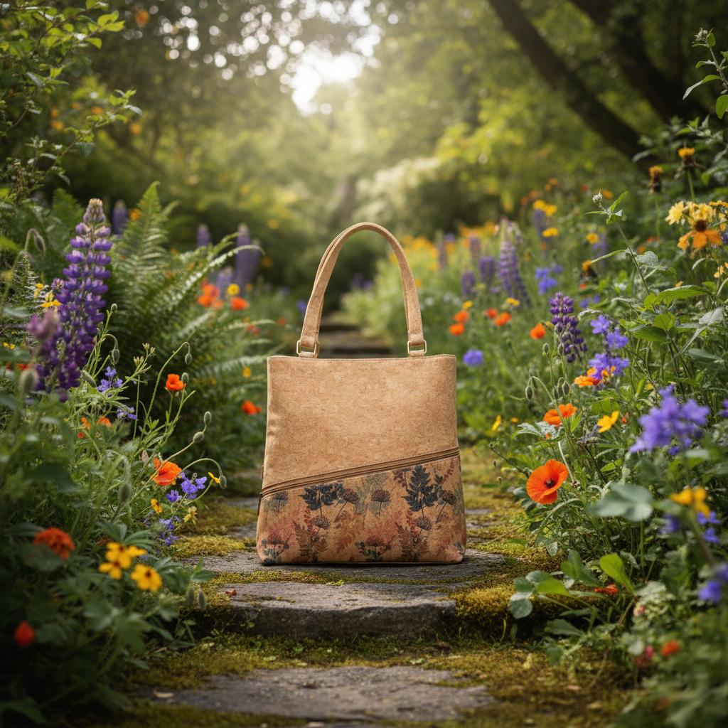 Fall foliage pattern vegan cork tote bag front view