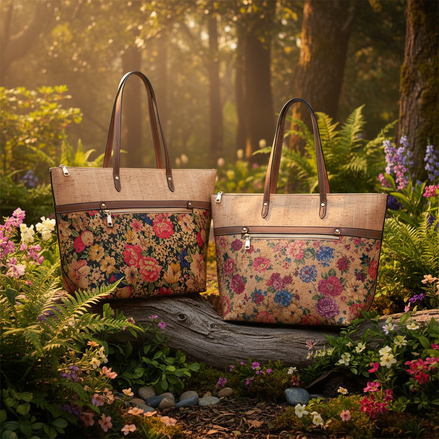 Floral printed cork tote bag with faux leather handles and front zipper pocket