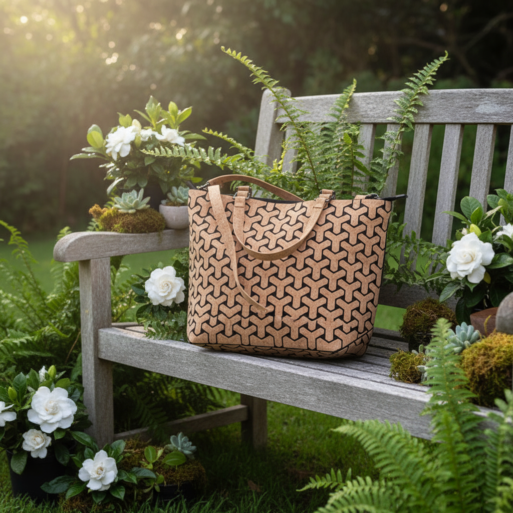 Geometric Y-pattern cork tote bag in natural and black, vegan & sustainable handbag