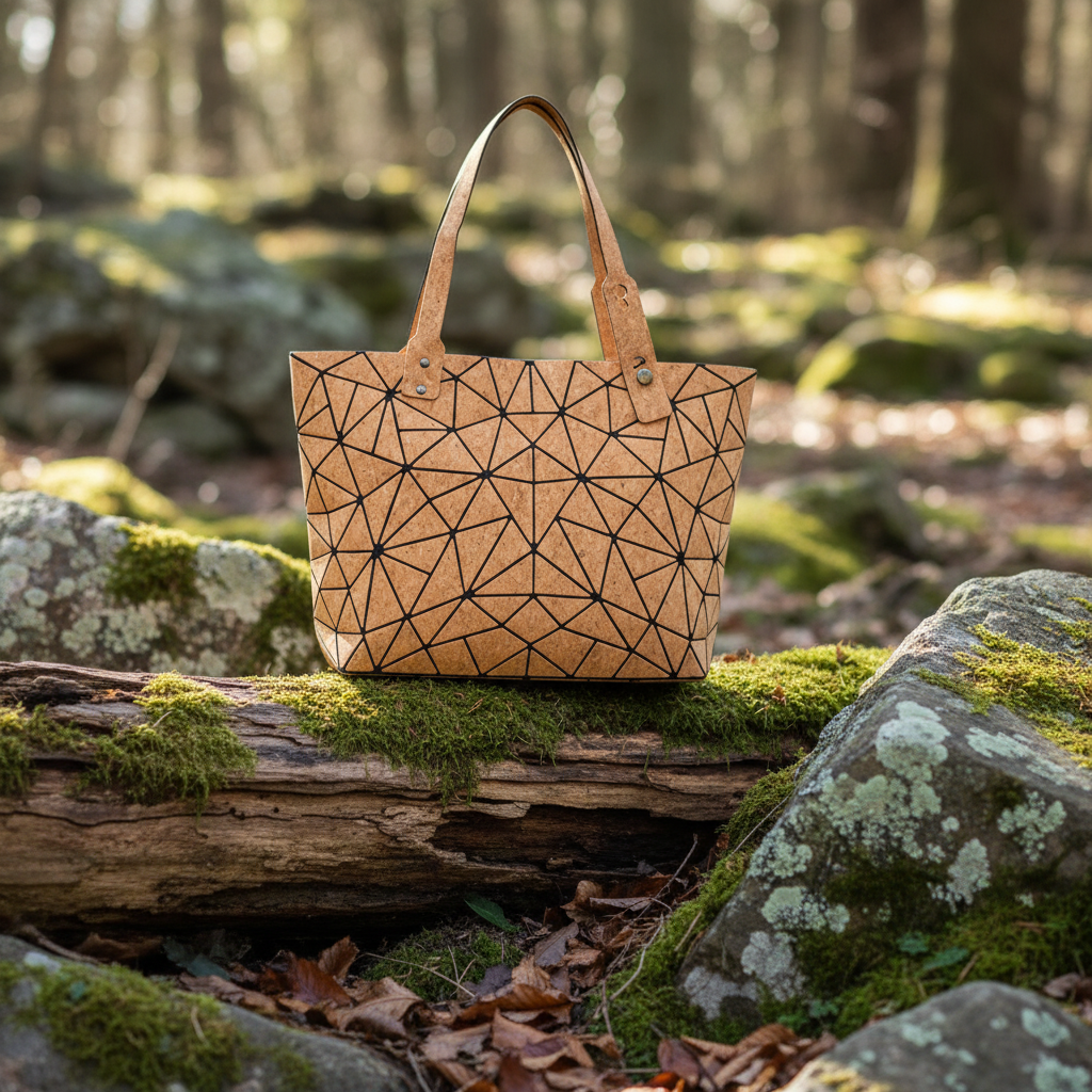 Geometric cork tote bag in nature setting