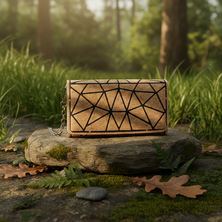 Front view of natural cork crossbody wallet with black geometric pattern and chain strap