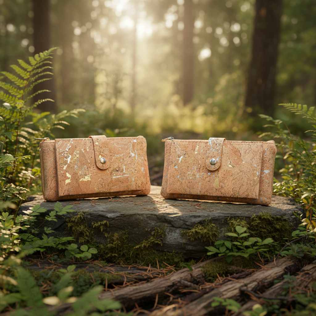 Gold and silver metallic cork wallets in nature scene