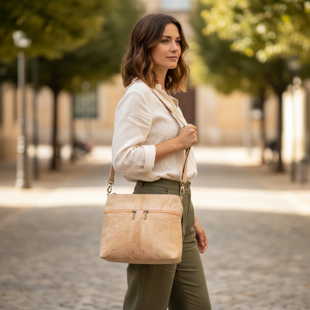 Model wearing cork shoulder bag
