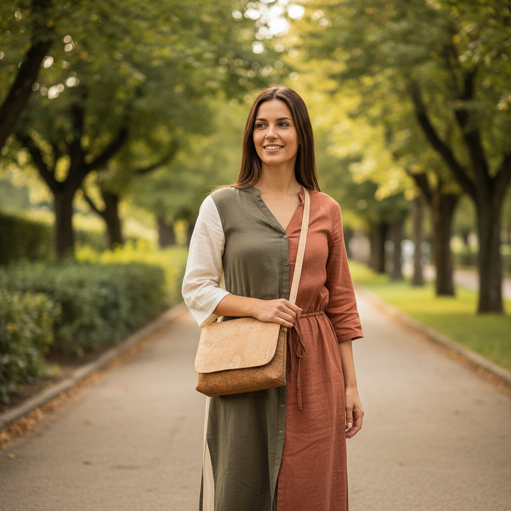 Model wearing two-tone cork crossbody bag