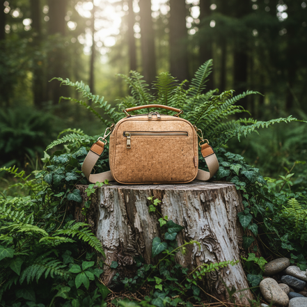 Lightweight cork crossbody bag shown with full adjustable strap for hands-free wear