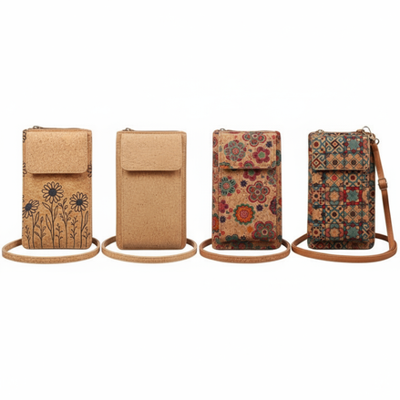 Natural Cork Phone Wallet Crossbody - Daisy, Plain, Floral A, Floral B