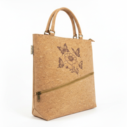 Natural cork tote bag with butterflies and flower on white background